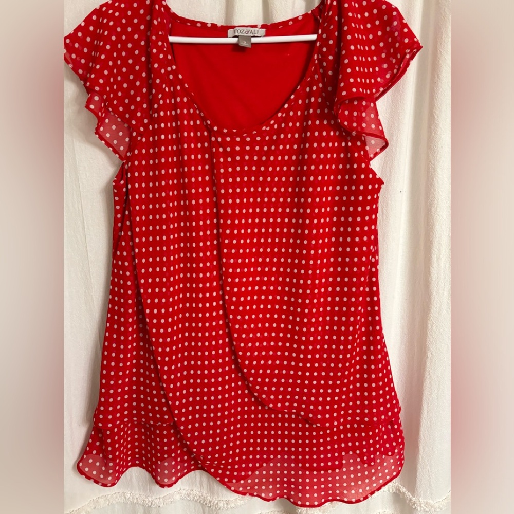 Red and white polkadot top